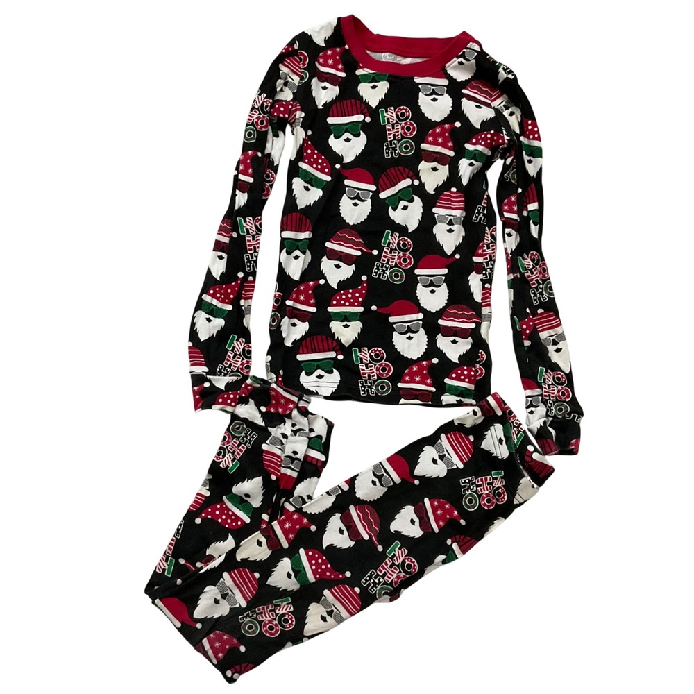 PJ Place Kids Santa Sunglasses Ho Ho Ho Pajama Set Black Red 100% Cotton Size 8
